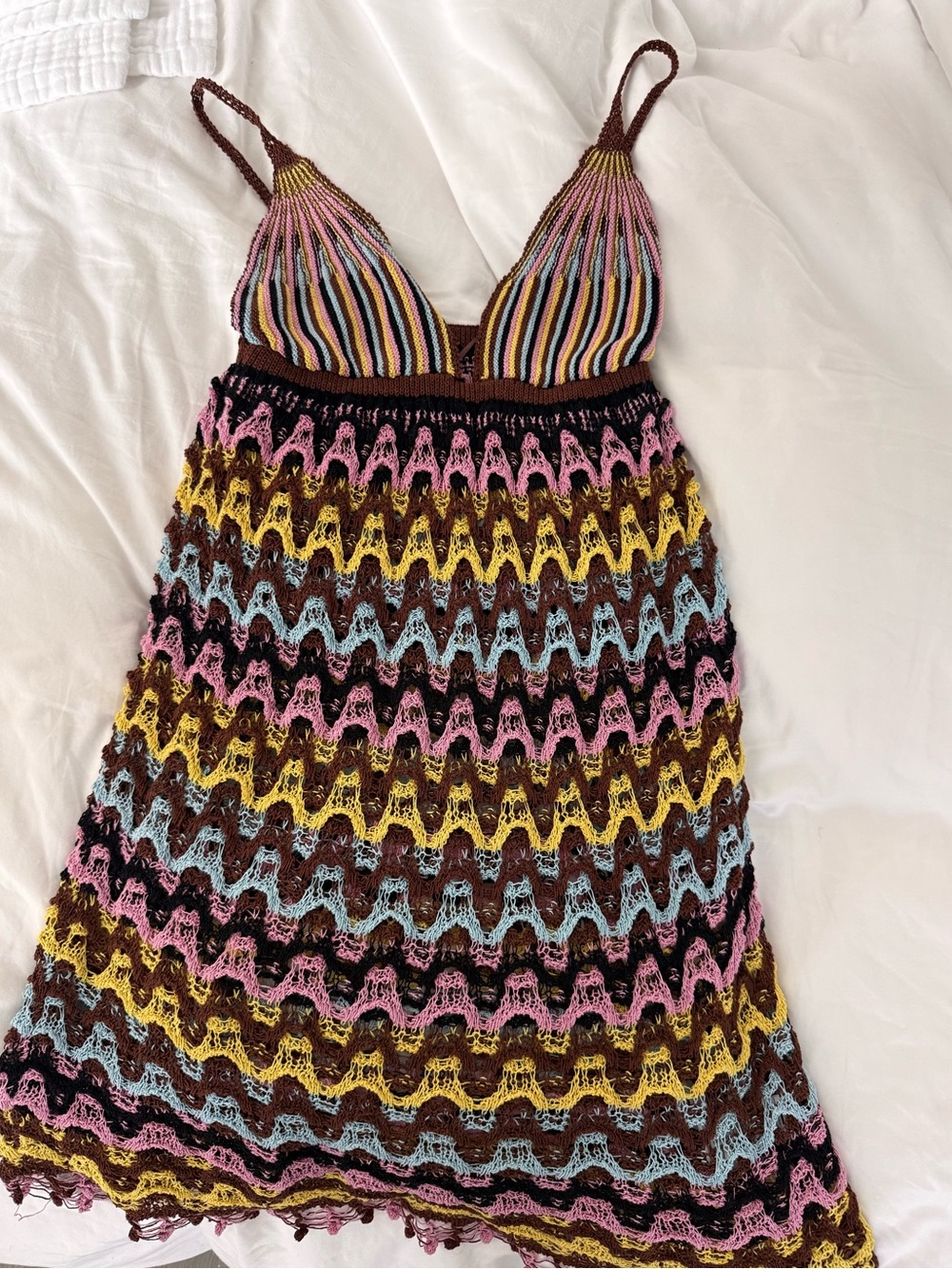 Zara Multicolor Crochet Slip Dress in Brown, Pink, Yellow & Blue